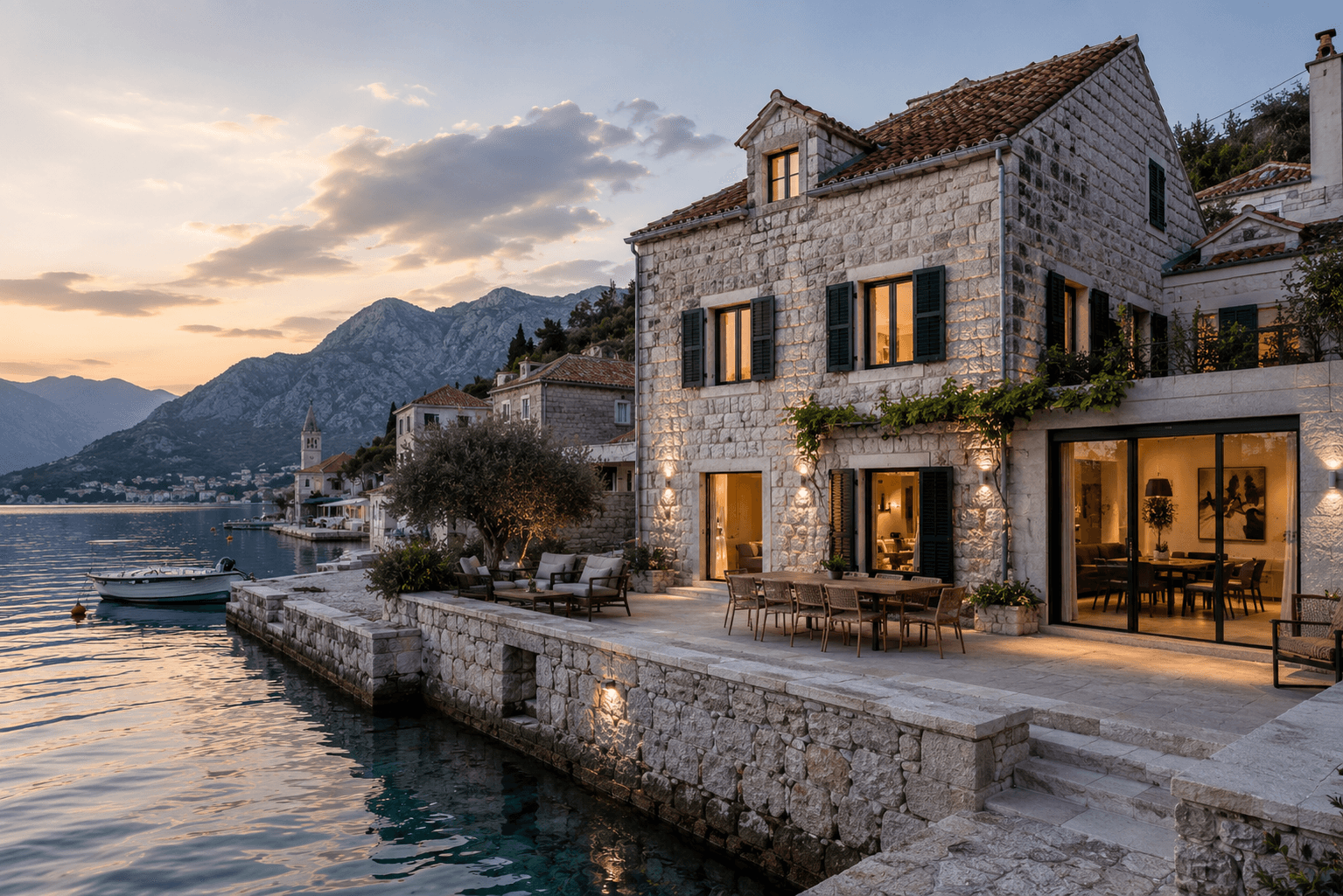 Zaliv Residence in Dobrota, a renovated stone house along the bay shore