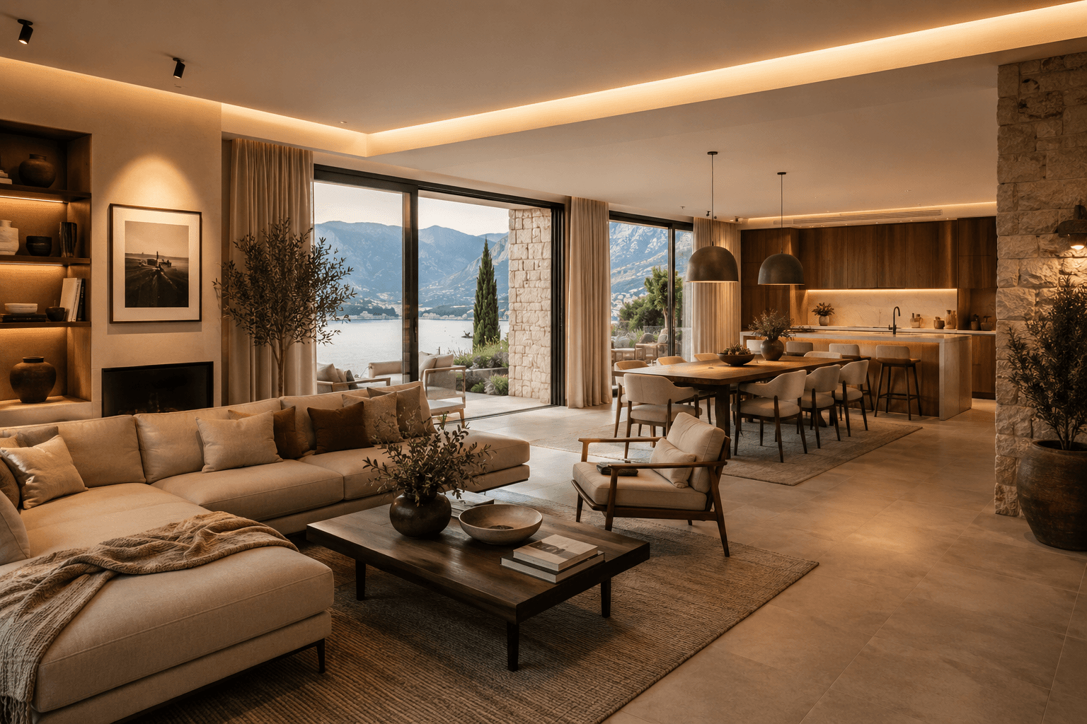 A modern living room interior in Montenegro with natural materials and warm light