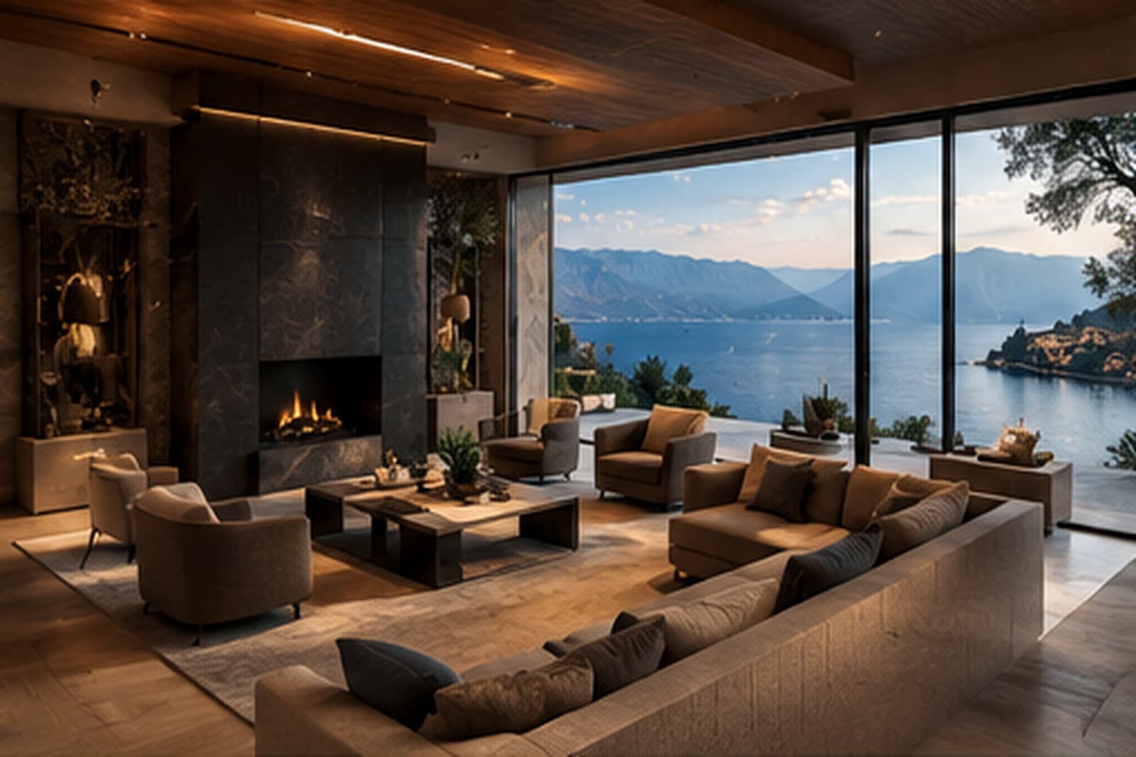 A modern living room interior in Montenegro with natural materials and warm light